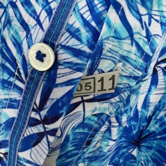 BUGATCHI CLASSIC FIT BUTTON FLIP CUFF BLUE PALM LEAVES SHIRT LARGE - Picture 12 of 16